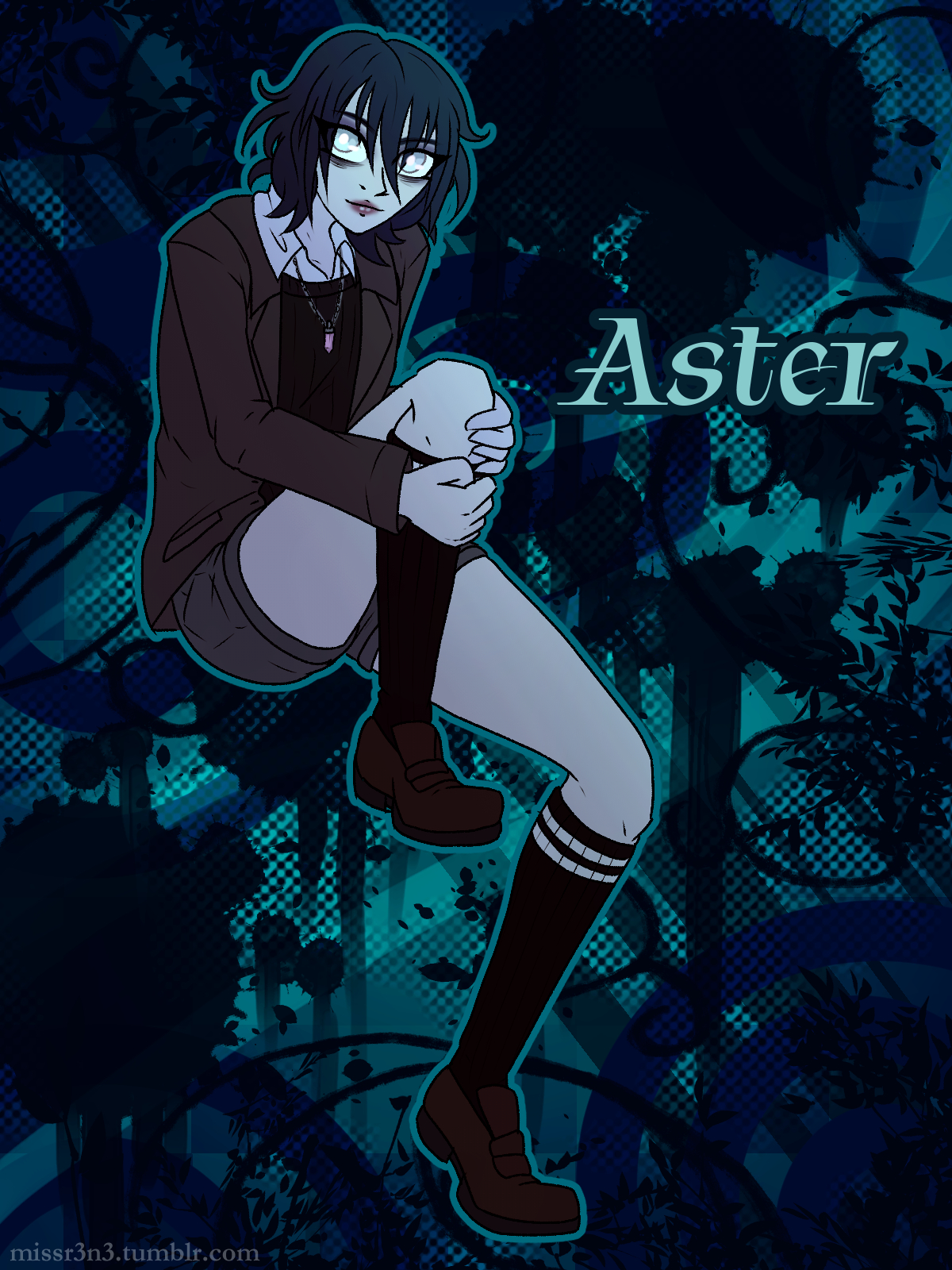an undead girl with completely white eyes and curly, dark blue hair sits in front of a dark blue background covered in gothic spiralling patterns, very reminiscent of old-school emo anime aesthetics. text beside the girl reads 'Aster Animus'